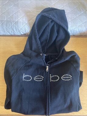 bebe Black Rhinestone Logo Zip Hoodie